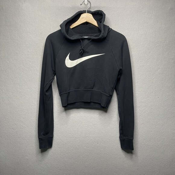 Nike Womens XS Black Cropped Hoodie With White Swoosh Logo - Picture 1 of 8